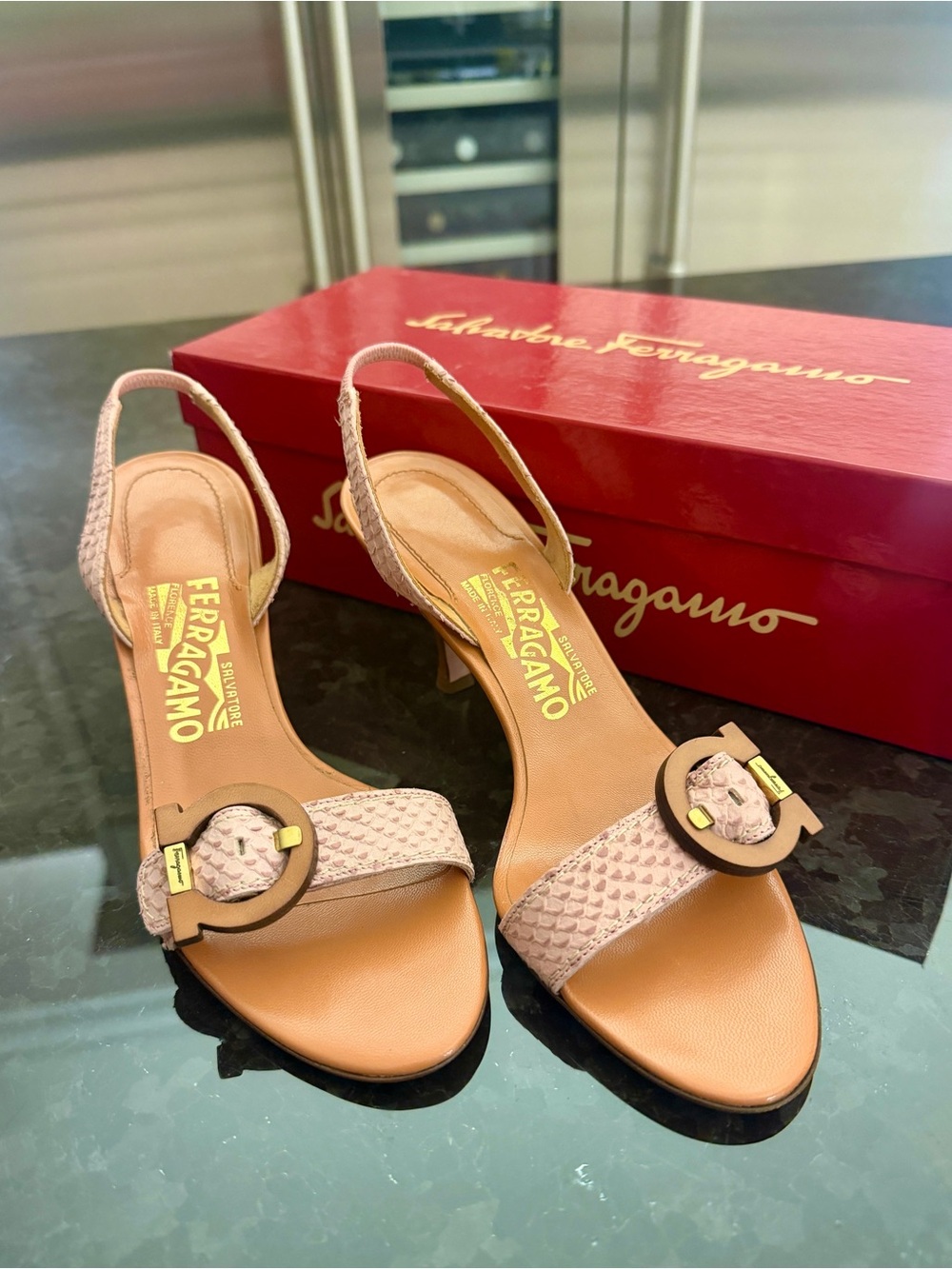 Salvatore Ferragamo Tan and Pink Slingback Heels Size 6.5 AA